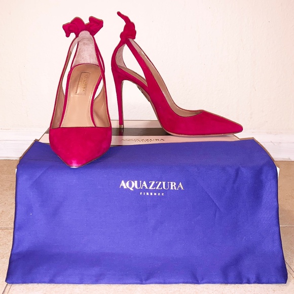 Aquazzura Pink Suede Pointed Toe Tie Pumps - Picture 2 of 8